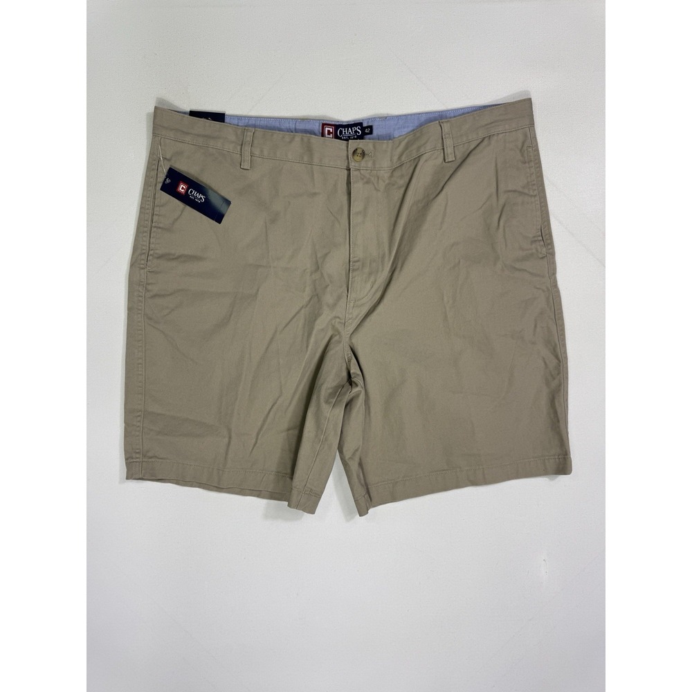 CHAPS Mens 42 Monterey Chino Shorts NWT Tan Beige Flat Front Cotton Casual 9"